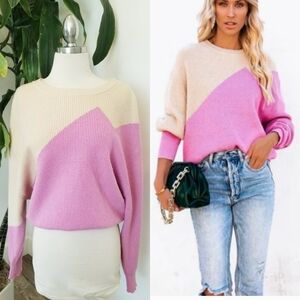Vici Colorblock Crewneck Geometric Long Sleeve Ribbed Knit Sweater Scoop neck